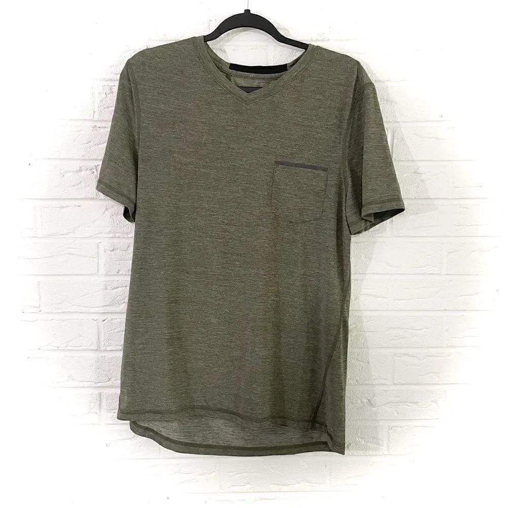 Lululemon Up Front Short Sleeve V-Neck Heathered Fatigue Green/Black Size Small